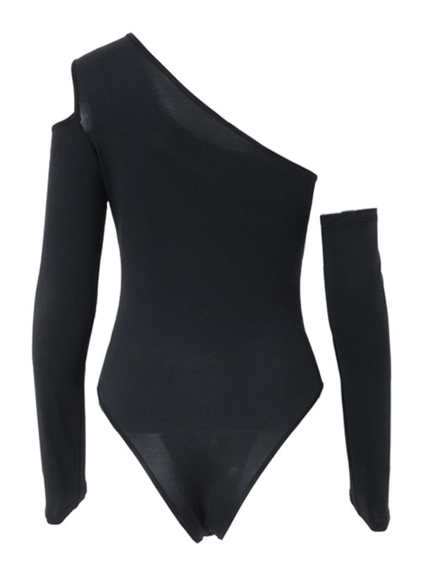 Women's Contrast Mesh Sheer Cut Out One Shoulder Bodysuit with Arm Sleeve, Fashion Long Sleeve Button Closure Crotch Bodysuit for Spring & Fall, Women's Clothes for Daily Wear