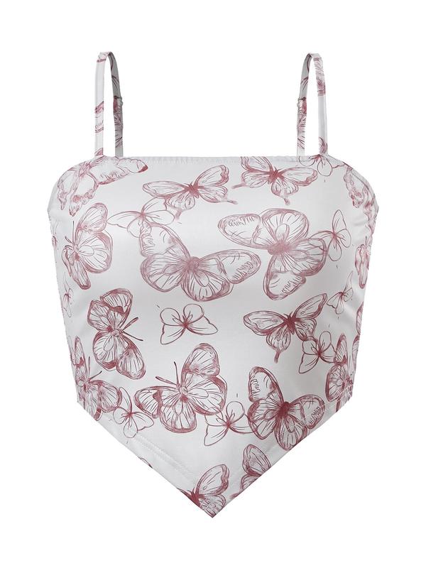 Women's Butterfly Print High Low Crop Cami Top, Casual Spaghetti Strap Sleeveless Top for Beach Holiday Vacation, Ladies Clothes for All Seasons
