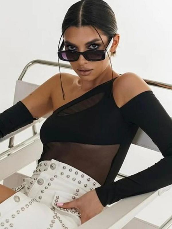 Women's Contrast Mesh Sheer Cut Out One Shoulder Bodysuit with Arm Sleeve, Fashion Long Sleeve Button Closure Crotch Bodysuit for Spring & Fall, Women's Clothes for Daily Wear