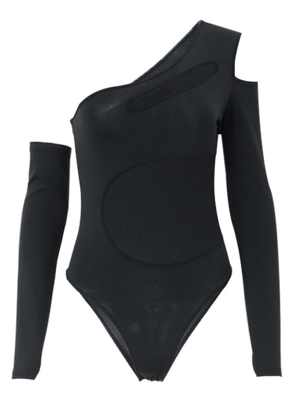 Women's Contrast Mesh Sheer Cut Out One Shoulder Bodysuit with Arm Sleeve, Fashion Long Sleeve Button Closure Crotch Bodysuit for Spring & Fall, Women's Clothes for Daily Wear