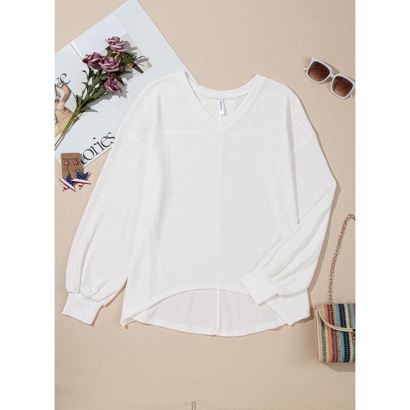 Dokotoo Womens Waffle Knit Tops 2024 Fashion Long Lantern Sleeve Casual Blouses V Neck Oversized T Shirts