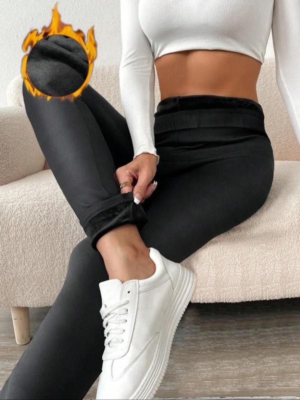 Women's Solid High Waist Thermal Lined Leggings, Casual Comfy Warm Skinny Pants for Daily Wear, Ladies Bottoms for Fall & Winter