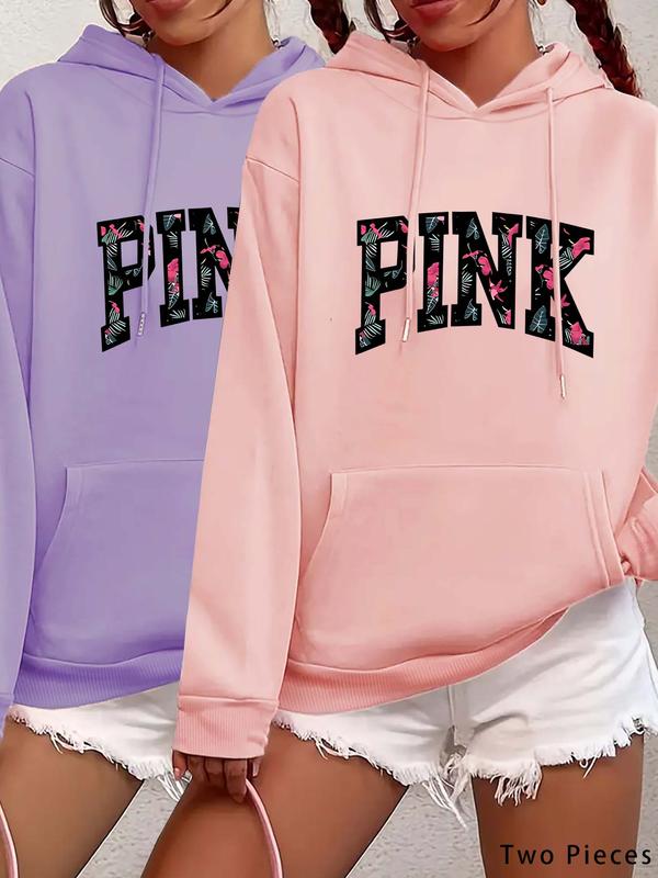  Women's Letter Print Drop Shoulder Hoodie, Fashion Casual Drawstring Pocket Hooded Sweatshirt for Daily Holiday Outdoor Wear, Women Clothing for Fall & Winter