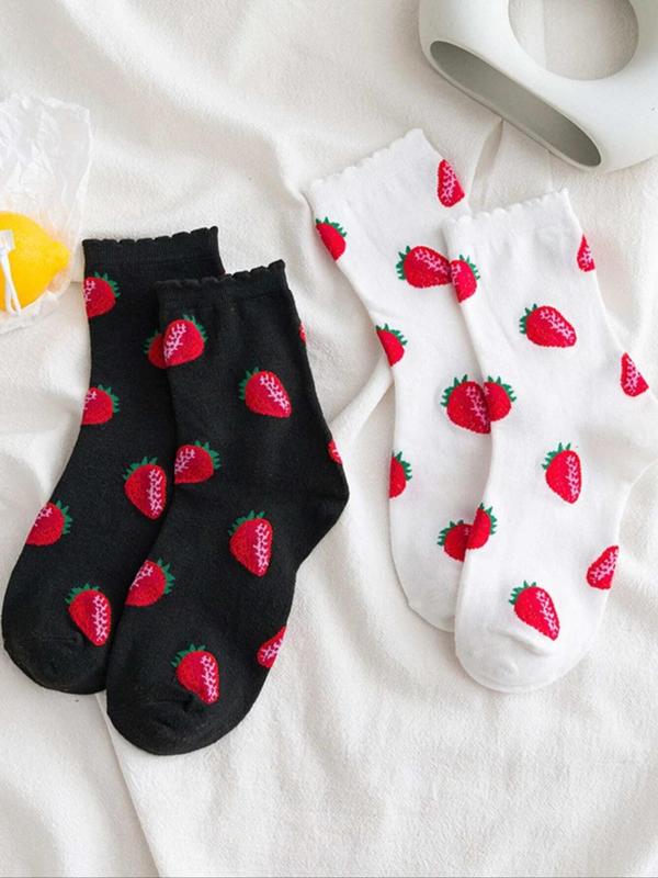 Women's 2 Pairs Strawberry Print Jacquard Crew Socks, Fall Wear, Fallfreshness Casual Moisture Wicking Socks, Soft Comfy Breathable Socks For All Seasons Daily Wear
