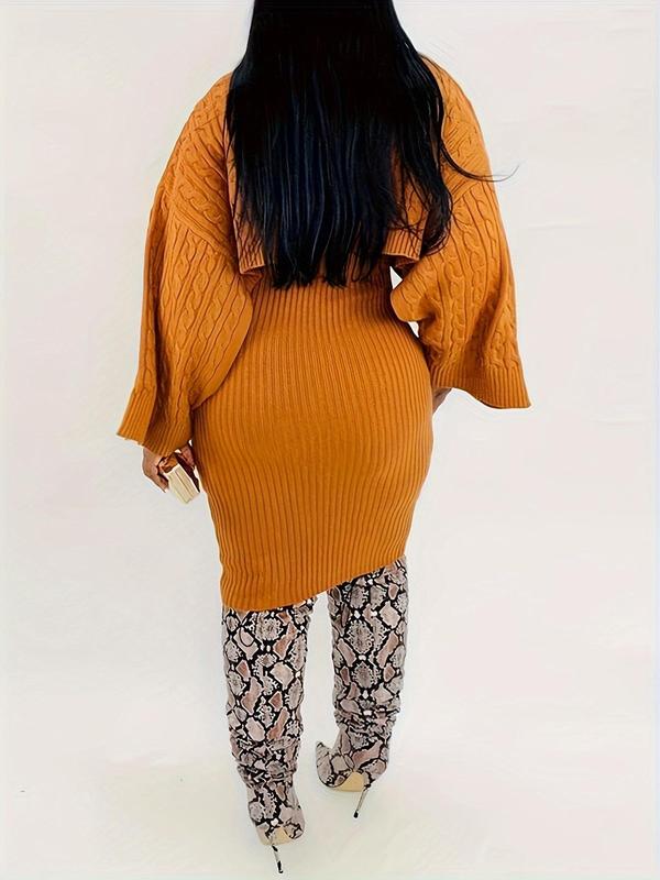 Two-Piece Set Women's Solid Drop Shoulder High Neck Sweater & Tank Sweater Dress, Casual Fashion Cozy Knitwear Set for Daily Outdoor Wear, Fall Sets, Ladies Clothes for All Seasons