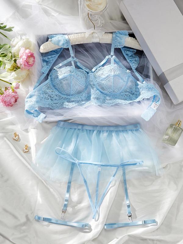 Women's Solid Color Lace Bra & Thong & Garter Belt & Thigh Ring Set, Sexy Comfy Breathable Lingerie Set for Daily Wear, Women's Lingerie & Underwear for All Seasons