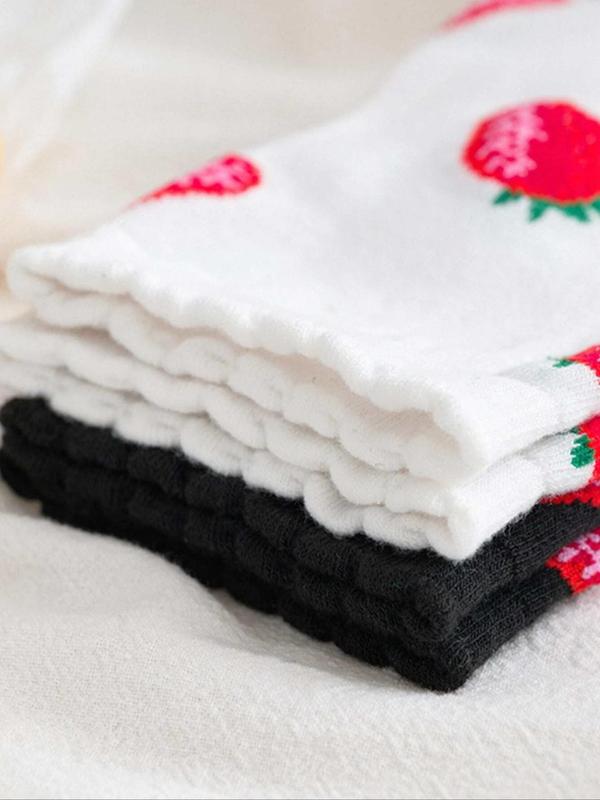 Women's 2 Pairs Strawberry Print Jacquard Crew Socks, Fall Wear, Fallfreshness Casual Moisture Wicking Socks, Soft Comfy Breathable Socks For All Seasons Daily Wear