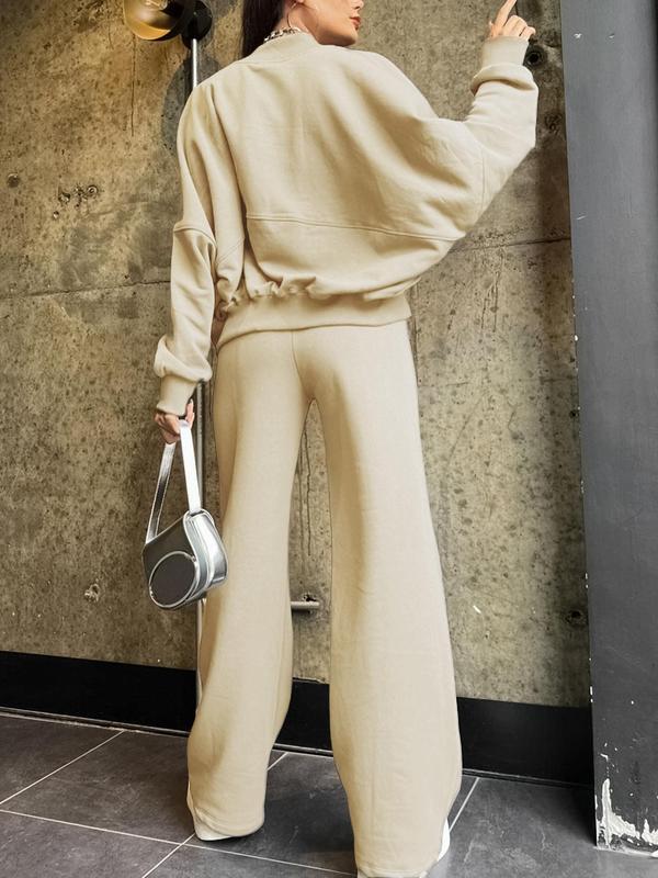 Women's Solid Drop Shoulder Zip Up Jacket & Drawstring Pocket Pants Two-Piece Set, Casual Fashion Cozy Breathable Two Piece Outfits for Daily Outdoor Wear, Women Clothes for Fall & Winter