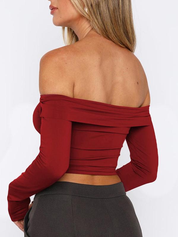 Women's Plain Ruched Off Shoulder Tee, Fashion Casual Asymmetrical Hem Long Sleeve T-Shirt for Spring & Fall, Women's Clothing for Daily Wear