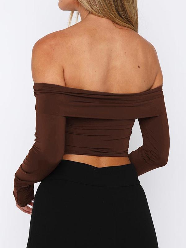 Women's Plain Ruched Off Shoulder Tee, Fashion Casual Asymmetrical Hem Long Sleeve T-Shirt for Spring & Fall, Women's Clothing for Daily Wear