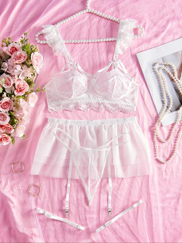 Women's Solid Color Lace Bra & Thong & Garter Belt & Thigh Ring Set, Sexy Comfy Breathable Lingerie Set for Daily Wear, Women's Lingerie & Underwear for All Seasons