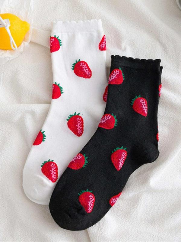 Women's 2 Pairs Strawberry Print Jacquard Crew Socks, Fall Wear, Fallfreshness Casual Moisture Wicking Socks, Soft Comfy Breathable Socks For All Seasons Daily Wear