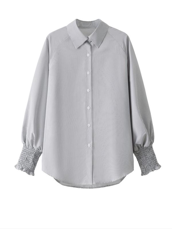 Women's Striped Print Button Front Pocket Shirred Ruffle  Shirt,  Casual Drop Shoulder Long Sleeve Top for Spring & Fall, Women's Clothes for Daily Wear