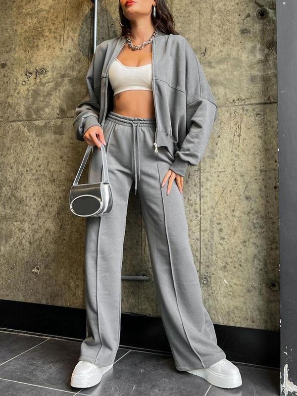Women's Solid Drop Shoulder Zip Up Jacket & Drawstring Pocket Pants Two-Piece Set, Casual Fashion Cozy Breathable Two Piece Outfits for Daily Outdoor Wear, Women Clothes for Fall & Winter