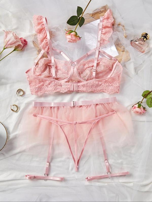 Women's Solid Color Lace Bra & Thong & Garter Belt & Thigh Ring Set, Sexy Comfy Breathable Lingerie Set for Daily Wear, Women's Lingerie & Underwear for All Seasons