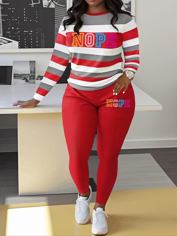 Women's Striped & Letter Print Sweatshirt & Elastic Waist Pants Two-piece Set, Casual Round Neck Long Sleeve Pullover & Trousers for Fall & Winter, Women's Clothes for Daily Wear