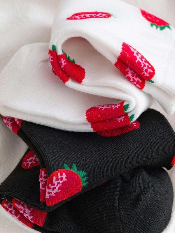 Women's 2 Pairs Strawberry Print Jacquard Crew Socks, Fall Wear, Fallfreshness Casual Moisture Wicking Socks, Soft Comfy Breathable Socks For All Seasons Daily Wear