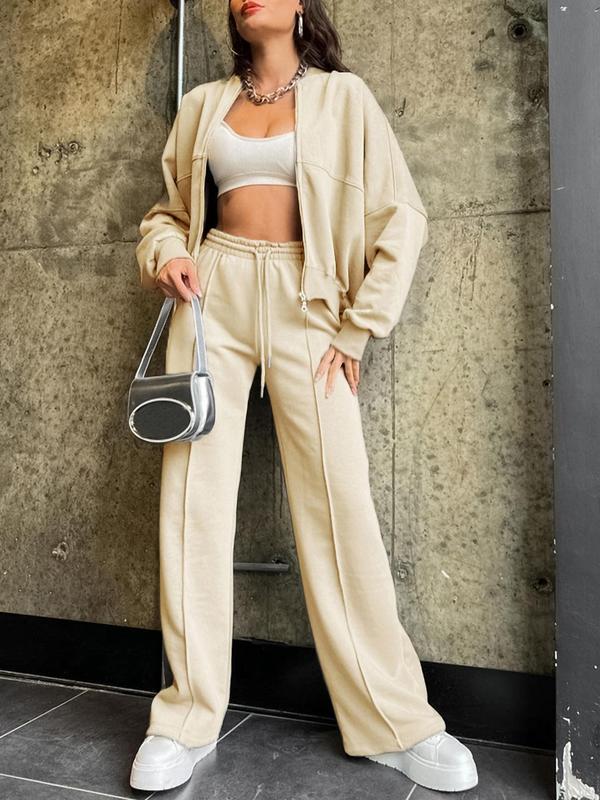 Women's Solid Drop Shoulder Zip Up Jacket & Drawstring Pocket Pants Two-Piece Set, Casual Fashion Cozy Breathable Two Piece Outfits for Daily Outdoor Wear, Women Clothes for Fall & Winter
