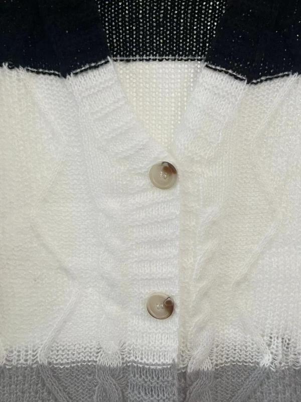 Women's Colorblock Textured Button Front Cardigan, Casual Long Sleeve Cardigan Sweater for Fall & Winter, Women's Knit Clothing for Daily Wear