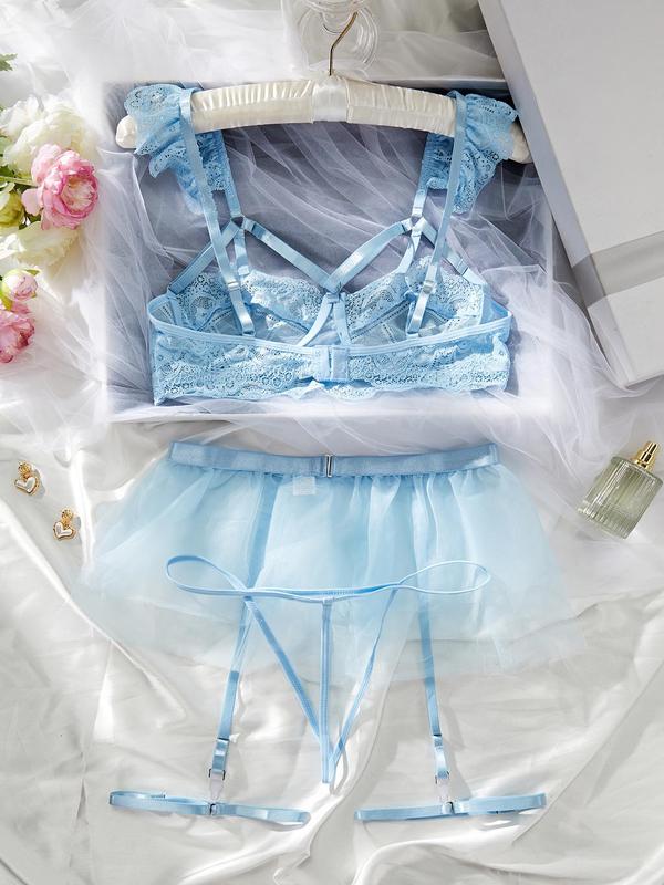 Women's Solid Color Lace Bra & Thong & Garter Belt & Thigh Ring Set, Sexy Comfy Breathable Lingerie Set for Daily Wear, Women's Lingerie & Underwear for All Seasons