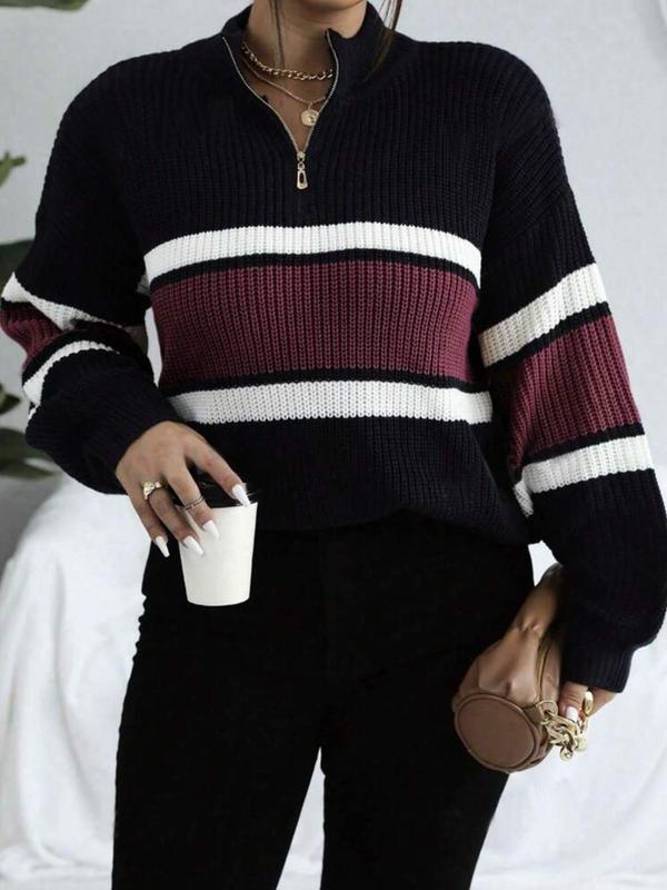 Women's Stylish Colorblock Striped Print Half Zip Up Drop Shoulder Sweater, Casual Longsleeves Stand Collar Jumper for Fall & Winter, Sweaters for Women, Women's Knitwear Clothing, Comfort Womenswear for Lady