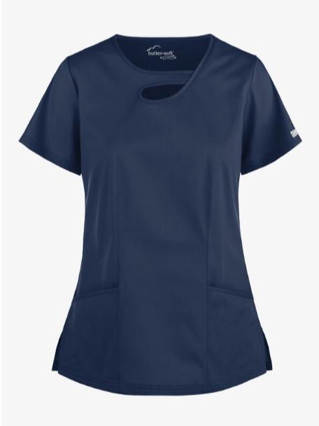 Women's Butter-Soft Stretch Scrub Top with 2 Pockets and Asymmetric Keyhole Design - Clothing, Womenswear