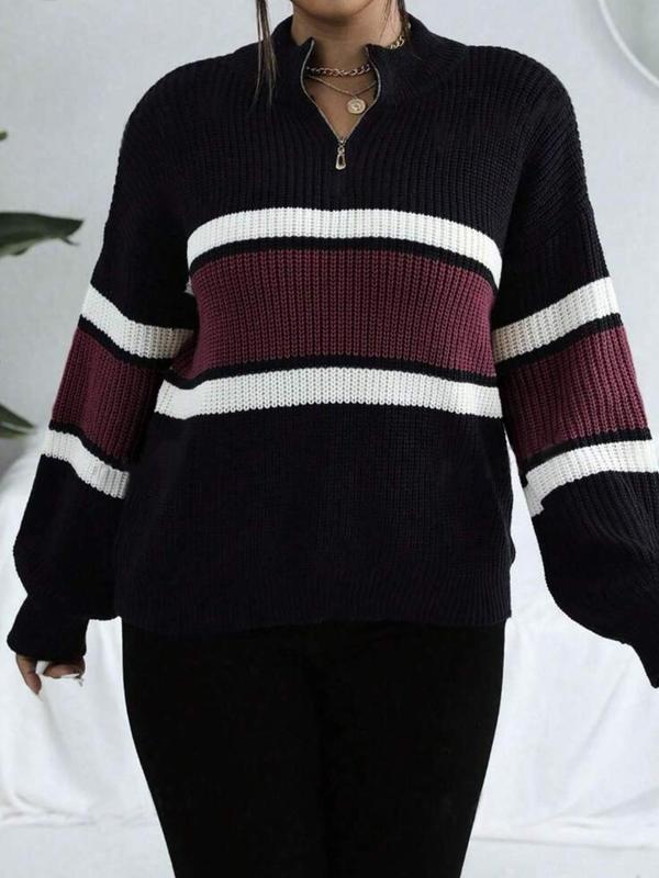 Women's Stylish Colorblock Striped Print Half Zip Up Drop Shoulder Sweater, Casual Longsleeves Stand Collar Jumper for Fall & Winter, Sweaters for Women, Women's Knitwear Clothing, Comfort Womenswear for Lady