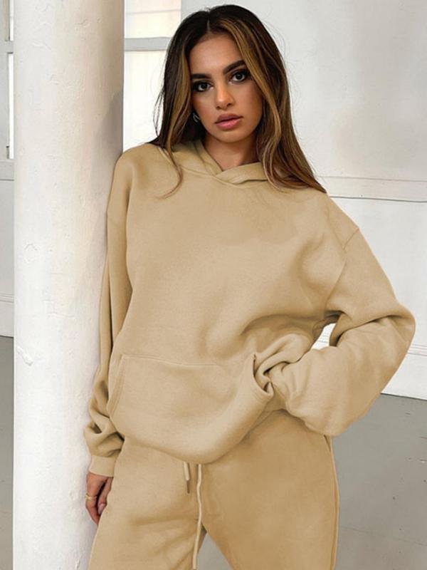 Sporty Two-Piece Set Women's Plain Drop Shoulder Pocket Hoodie & Drawstring Sweatpants Sports Sweatsuit Set, Fashion Cozy Breathable Two-piece Outfits for Workout Gym, Women Sportswear Clothes for Fall & Winter