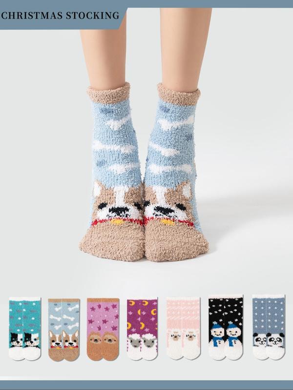 Women's Cartoon Animal Snowman Print Fuzzy Crew Socks, Cute Casual Soft Comfortable Mid-Calf Socks for Fall & Winter, Women's Socks for Daily Wear