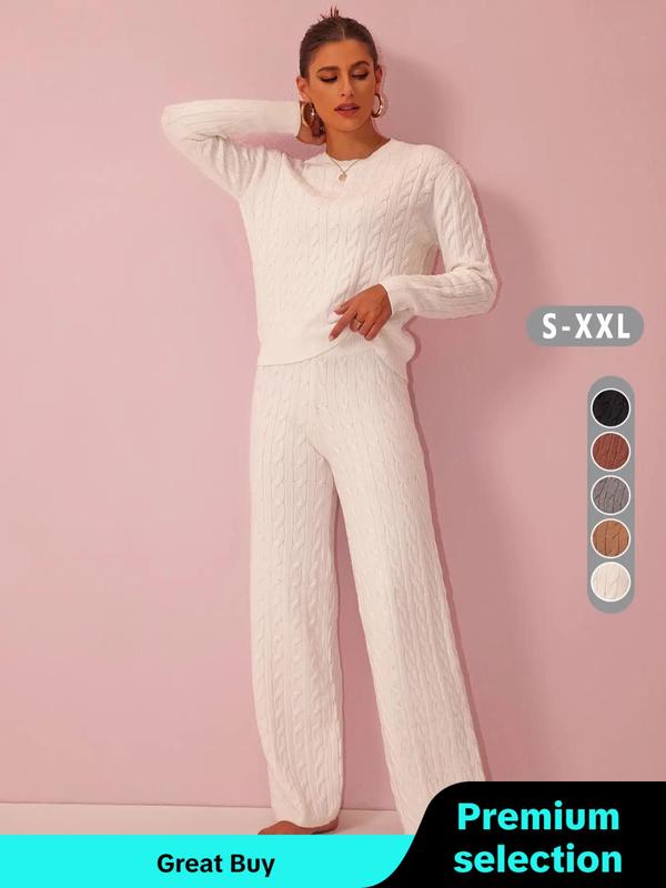 Women's Solid Twist Textured Drop Shoulder Sweater & Pants Two-piece Set, Casual Fashion Cozy Knitwear Set for Daily Outdoor Wear, Lounge Set for Women, Women's Knitwear for Fall & Winter