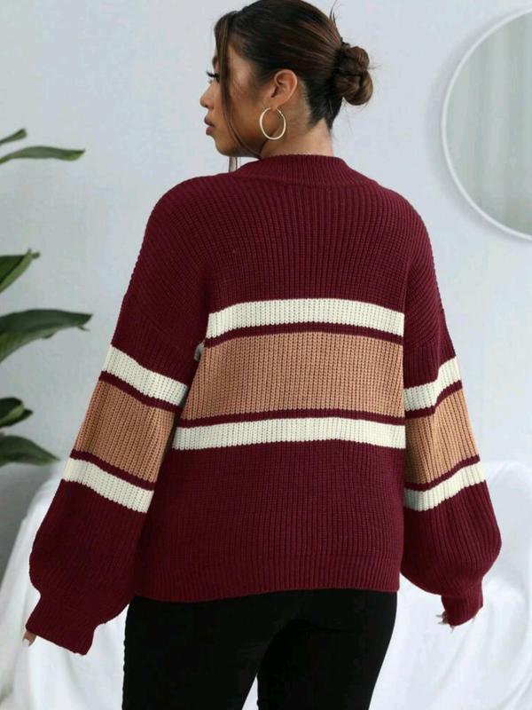Women's Stylish Colorblock Striped Print Half Zip Up Drop Shoulder Sweater, Casual Longsleeves Stand Collar Jumper for Fall & Winter, Sweaters for Women, Women's Knitwear Clothing, Comfort Womenswear for Lady