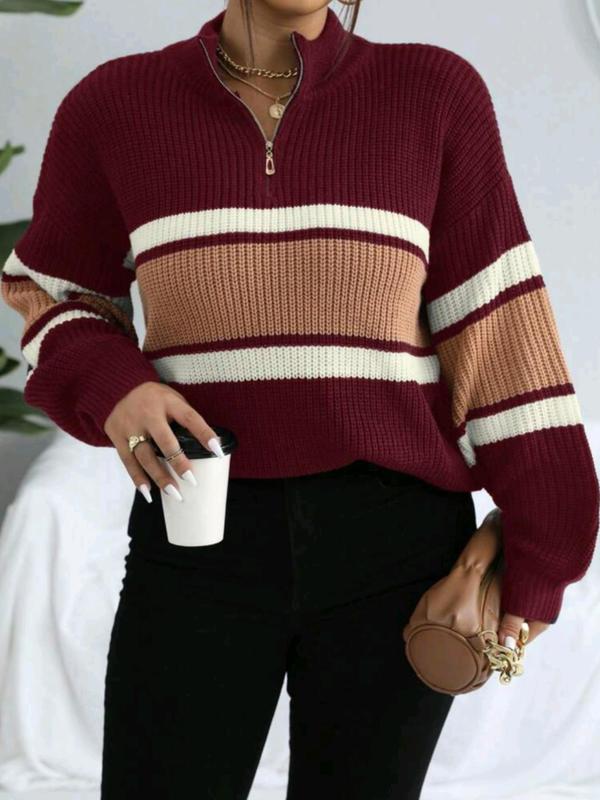 Women's Stylish Colorblock Striped Print Half Zip Up Drop Shoulder Sweater, Casual Longsleeves Stand Collar Jumper for Fall & Winter, Sweaters for Women, Women's Knitwear Clothing, Comfort Womenswear for Lady