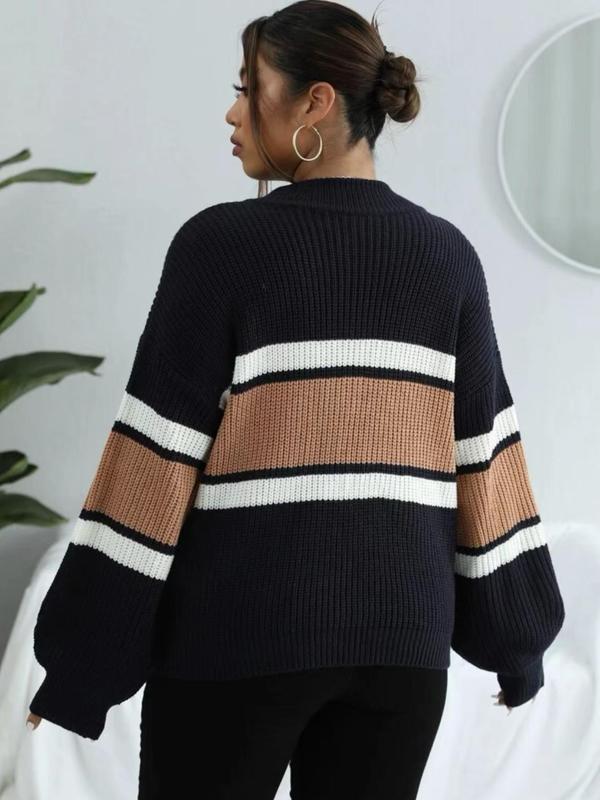 Women's Stylish Colorblock Striped Print Half Zip Up Drop Shoulder Sweater, Casual Longsleeves Stand Collar Jumper for Fall & Winter, Sweaters for Women, Women's Knitwear Clothing, Comfort Womenswear for Lady