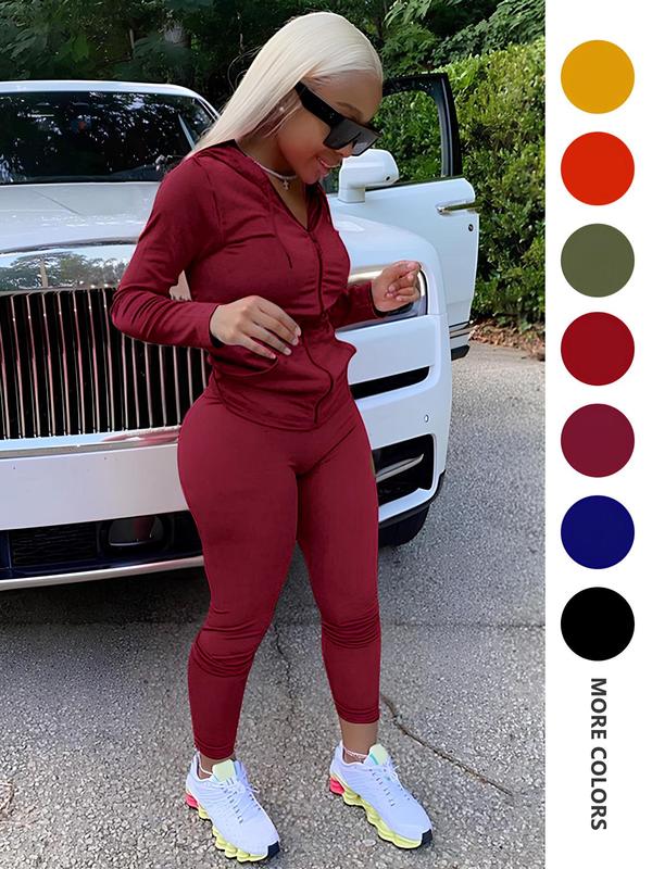 Two-Piece Set Fall Women's Solid Zip Up Drawstring Hoodie & Elastic Waist Skinny Pants Set, Fall Clothes, Casual Long Sleeve Pocket Hooded Outerwear & Trousers for Spring & Fall