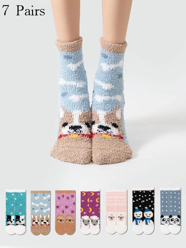 Women's Cartoon Animal Snowman Print Fuzzy Crew Socks, Cute Casual Soft Comfortable Mid-Calf Socks for Fall & Winter, Women's Socks for Daily Wear