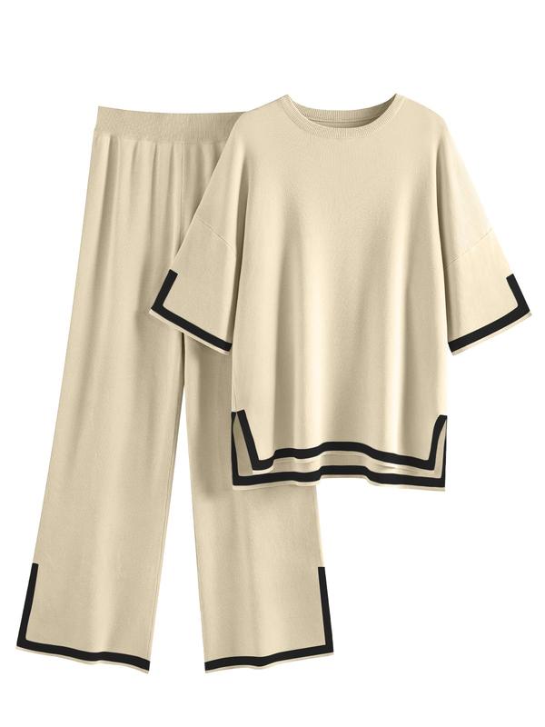 2 Piece Lounge Sets Women's Short Sleeve Knit Top Wide Leg Pants Sets Soft Womenswear
