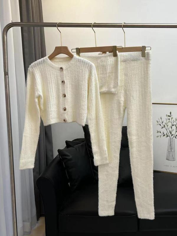 Two-Piece Set Women's Solid Button Front Crop Cardigan & High Waist Leggings & Crop Tube Top, Casual Knitwear Outfits for Daily Outdoor Wear, Women Clothing