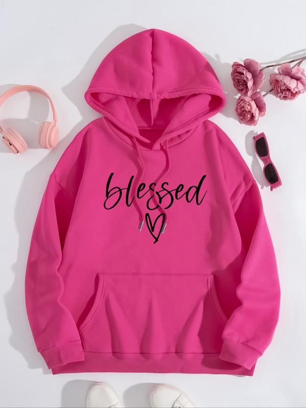 Women's Letter & Heart Print Drawstring Pocket Hoodie, Casual Long Sleeve Hooded Sweatshirt for Spring & Fall, Fashion Women's Clothes for Daily Wear