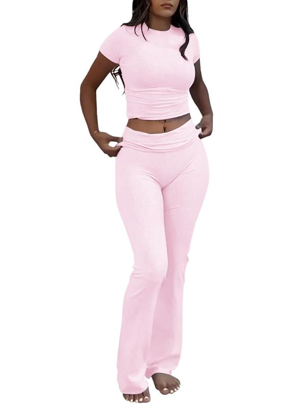 Women's Solid Round Neck Short Sleeve Crop  Tee & Pants Sports Set, Sporty Casual Comfy Breathable Two-piece Outfits for Yoga Gym Workout Running, Ladies Sportswear for Fall & Winter