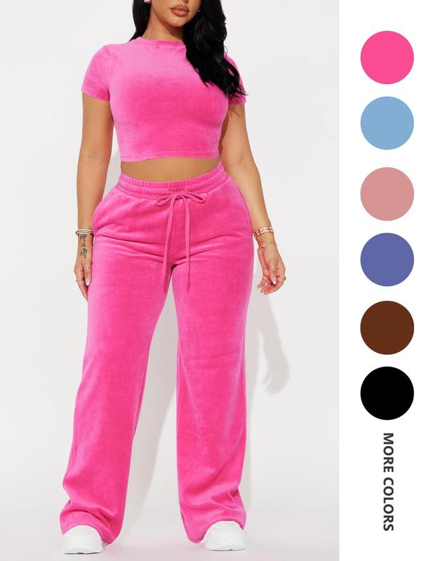 Two-piece Set Women's Solid Crop Tee & Drawstring Waist Pants Velvet Set, Casual Short Sleeve Round Neck T-shirt & Elastic Waist Trousers, Ladies Summer Clothes