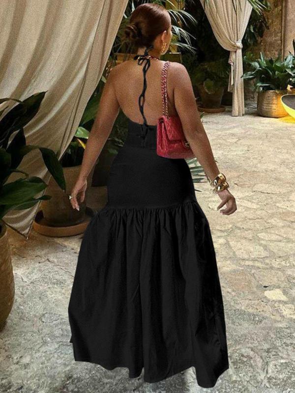 Women's Solid Backless Cami Bodysuit & Split Thigh Skirt Two-piece Set, Sexy Fashion Casual Halter Neck Bodysuit & Tie Front Plicated Skirt for Daily Outdoor Wear, Ladies Clothes for All Seasons