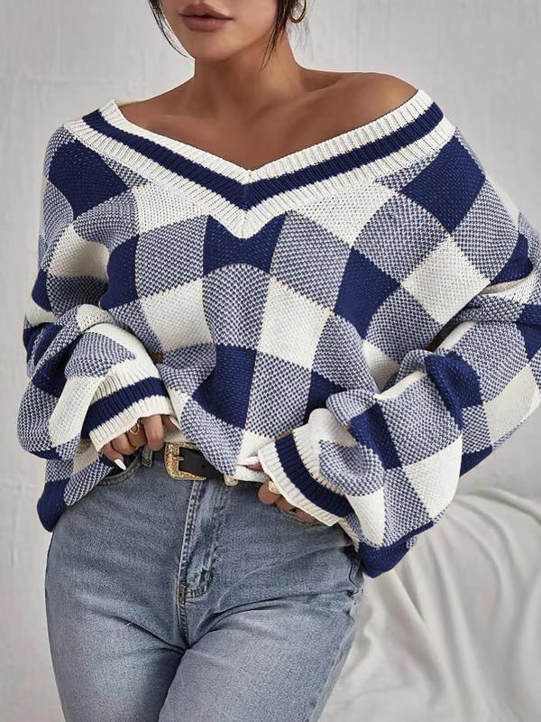 Women's Plaid Print Batwing Sleeve Sweater, Lady Casual Comfort Knitting Deep V Neck Long Sleeve Jumper for Fall, Women's Knitwear Top for Daily Wear