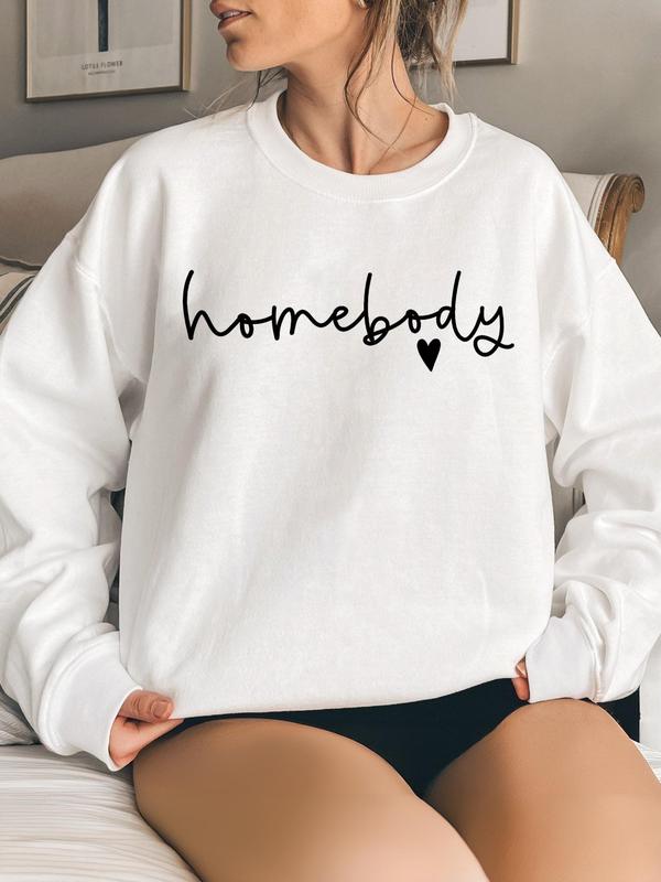 Women's Letter & Heart Print Drop Shoulder Sweatshirt, Casual Long Sleeve Round Neck Pullover for Daily Wear, Ladies Clothes for All Seasons