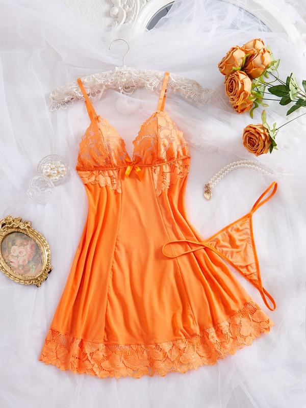 Women's Sheer Contrast Floral Lace Bow Decor Cami Nightdress & Thong Set, Adjustable Spaghetti Strap Backless Nightgown & Panty Set, Ladies Sleepwear for All Seasons