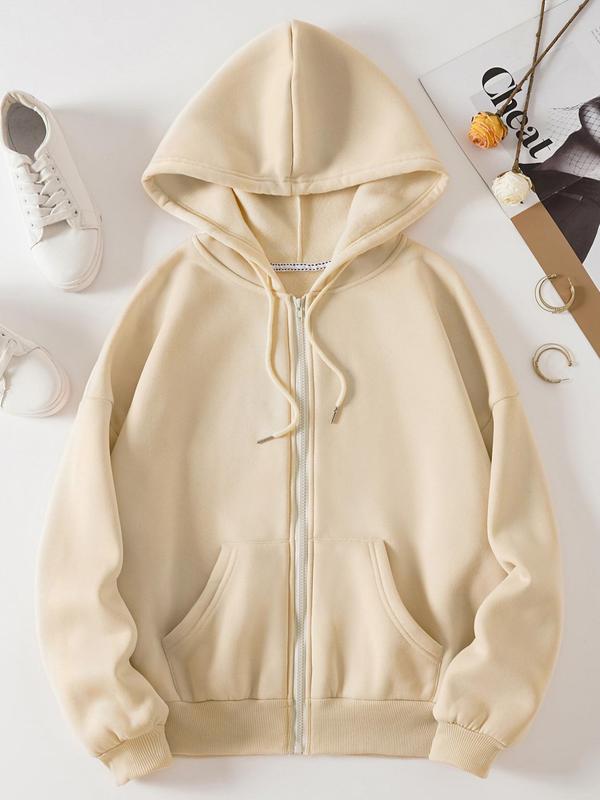 Women's Solid Zip Up Hoodie, Casual Comfort Drawstring Hooded Sweatshirt, Outerwear for Fall & Winter, Country Outfits, Women's Jacket, Downtown Girl Clothes, Fall Outfits