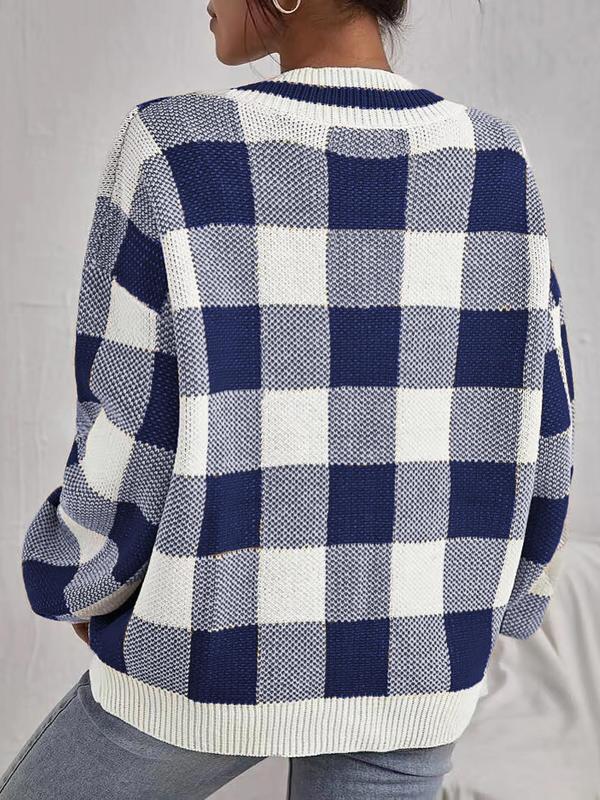 Women's Plaid Print Batwing Sleeve Sweater, Lady Casual Comfort Knitting Deep V Neck Long Sleeve Jumper for Fall, Women's Knitwear Top for Daily Wear
