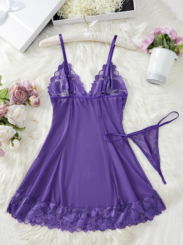 Women's Sheer Contrast Floral Lace Bow Decor Cami Nightdress & Thong Set, Adjustable Spaghetti Strap Backless Nightgown & Panty Set, Ladies Sleepwear for All Seasons