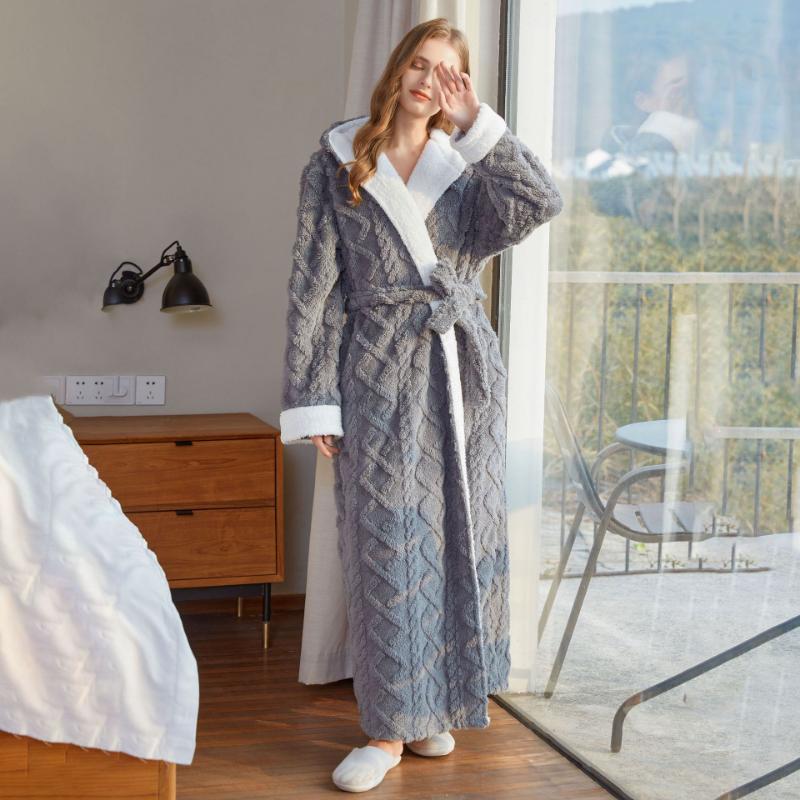 Ultra-Soft Flannel Bathrobe for Women & Men - Extra Long, Thick, and Warm with Hood | Cozy Jacquard Velvet Robe for Couples | Perfect for Autumn & Winter