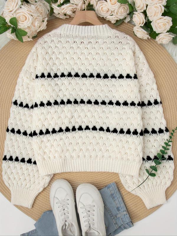 Women's Colorblock Heart Print Drop Shoulder Sweater, Casual Long Sleeve Round Neck Jumper for Fall & Winter, Fashion Ladies' Knitwear for Daily Wear