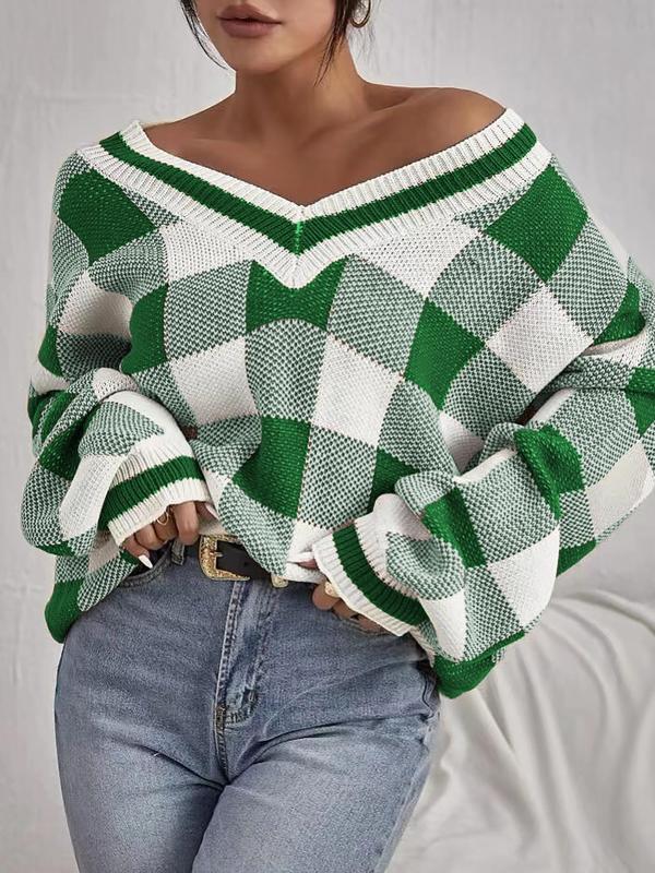 Women's Plaid Print Batwing Sleeve Sweater, Lady Casual Comfort Knitting Deep V Neck Long Sleeve Jumper for Fall, Women's Knitwear Top for Daily Wear